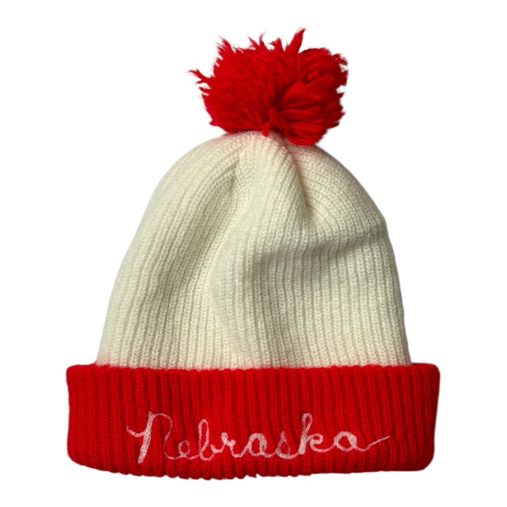 Vintage Early 1970’s Nebraska Kids Beanie Hat Pom Pom 70s Red & White Winter